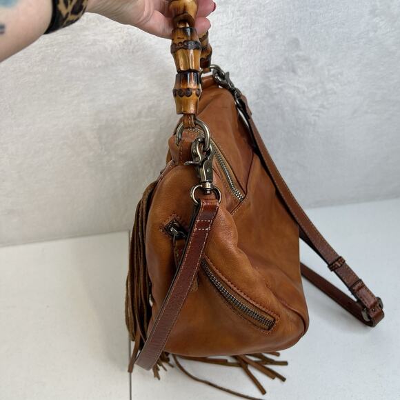 Boho Leather Crossbody Bamboo Hand Strap Featured Fringe Bohemian Tassel Brown - Picture 9 of 15